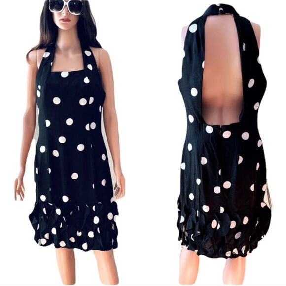 NWT GILLIAN Vintage Black Polka Ruffle 💯% Silk Dress Size 12 - Picture 1 of 16